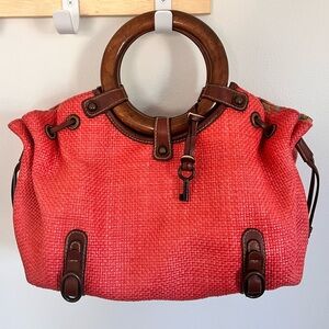 Fossil Bag Vintage Straw Wooden Ring Handles Coral